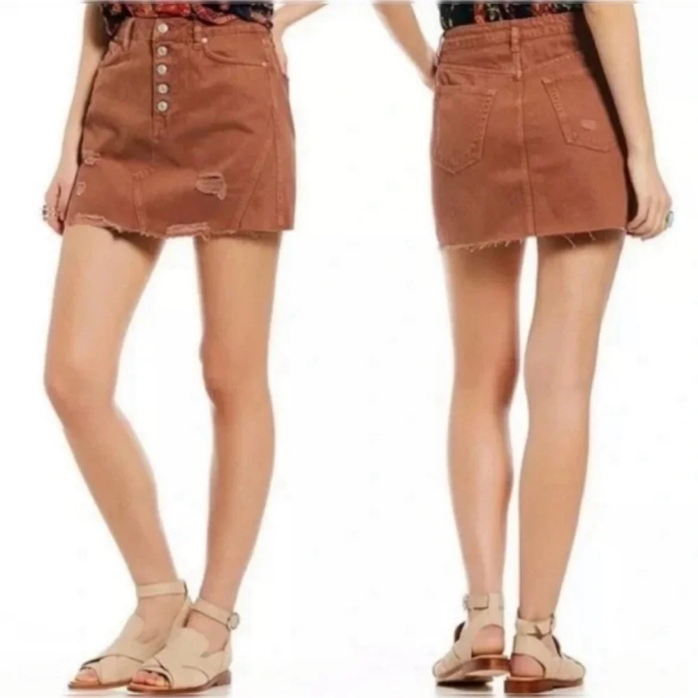 NWT Free People We The Free A-Line Distressed Denim Jean Skirt Bronze Size 28